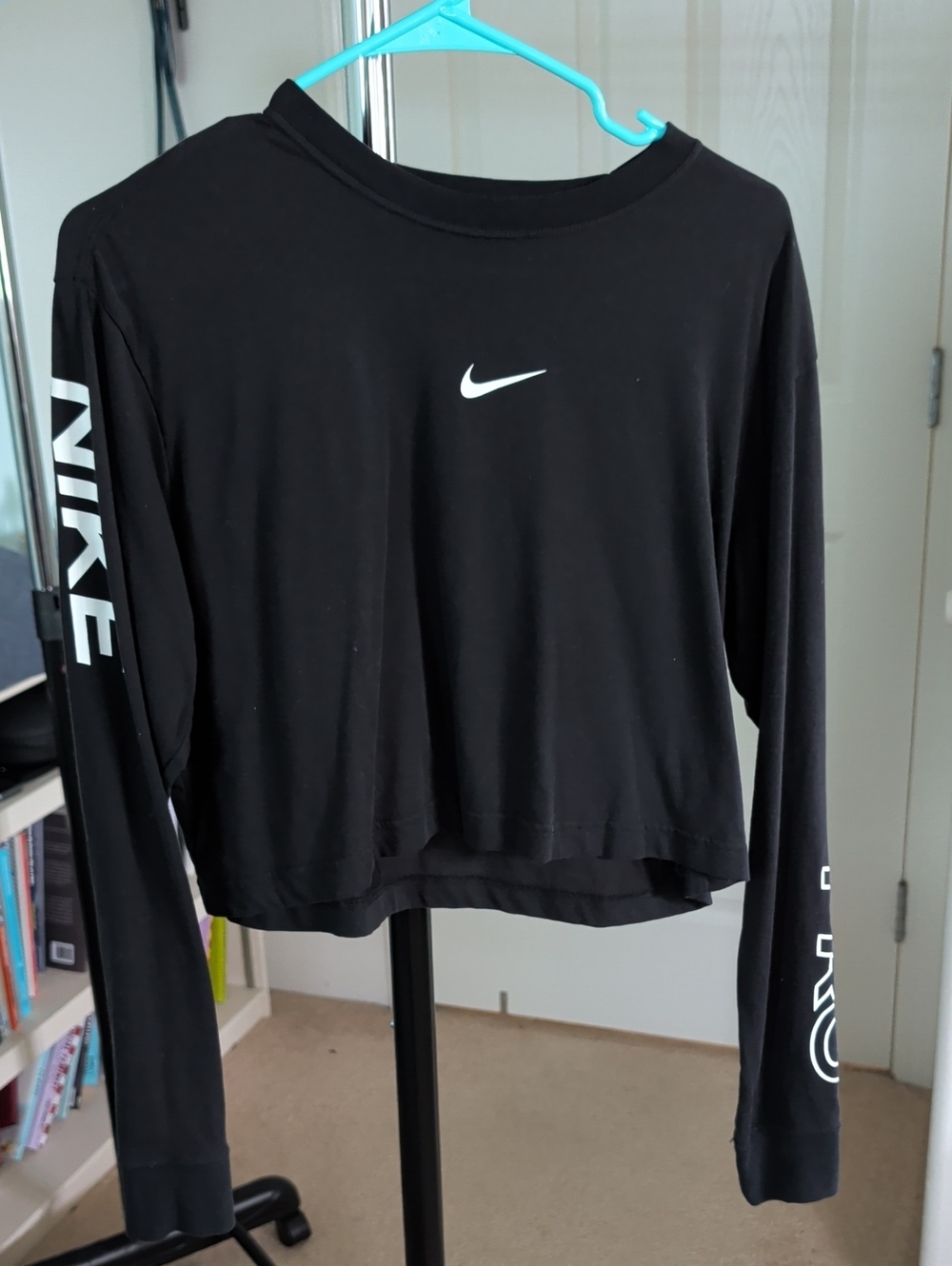 Women's Nike Pro Black Cropped Long-Sleeve Top with White Swoosh